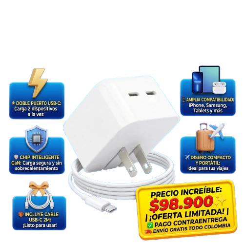 1 CARGADOR CARGA RAPIDA DOBLE 35W + CABLE EXTRA LARGO 2 METROS X2